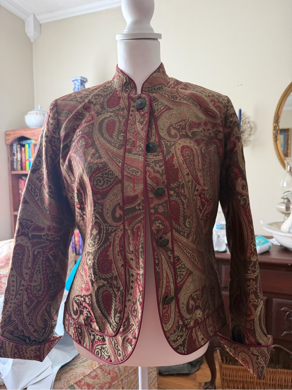 Scott Taylor Paisley Mandarin Collar Bomber Jacket in Red and Brown